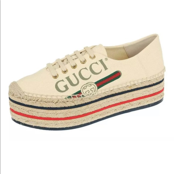 GUCCI CANVAS LOGO WEDGE ESPADRILLE PLATFORM SHOES - Picture 3 of 8